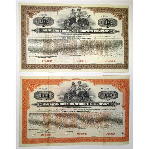 DE. American Foreign Securities Co. 1916 Specimen Gold Coupon Bond Pair