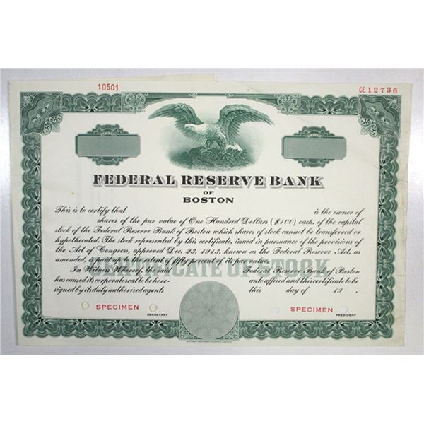 MA. Federal Reserve Bank of Boston, ND (1940-60s), Specimen Stock Certificate.