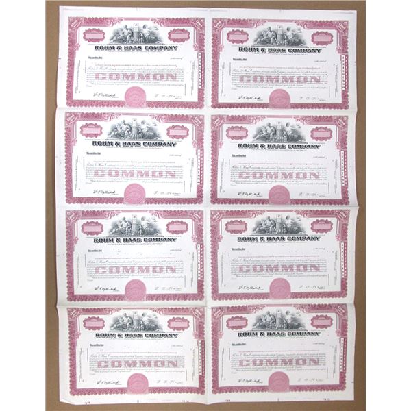 Rohm & Haas Co., ND (1930-1940s), Uncut Sheet of 8 Unmarked Specimen Stock Certificates.