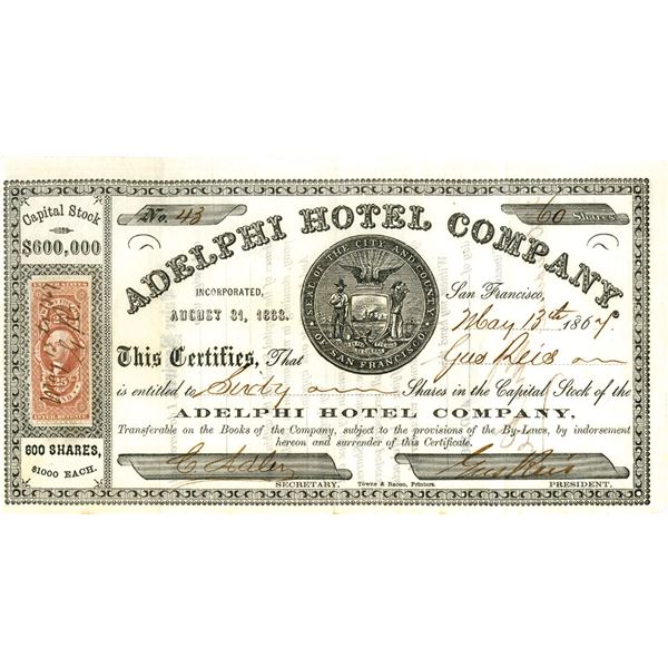 CA. Adelphi Hotel Co., 1864, I/U Stock Certificate.