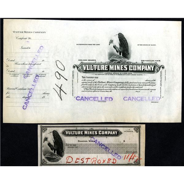 AZ. Vulture Mining Co. ca.1900 Progress Proof Stock Certificate and Proof Check With Matching Vultur