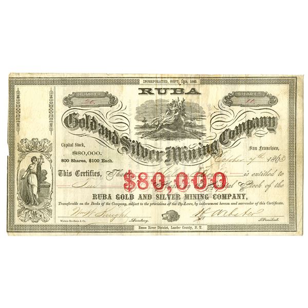Nevada Territory. Ruba Gold and Silver Mining Co., 1863, I/U Stock Certificate.