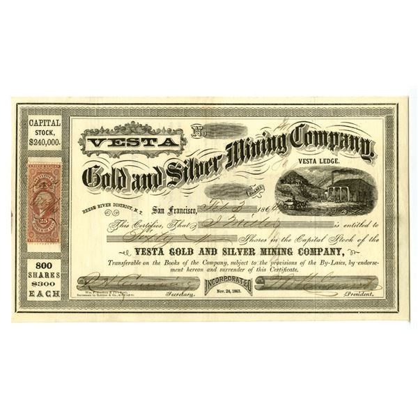 Nevada Territory. Vesta Gold and Silver Mining Co., 1864, I/U Stock Certificate.