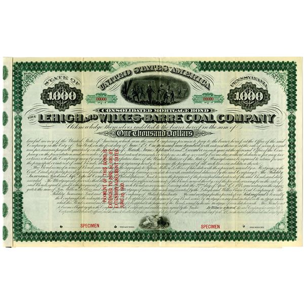 PA. Lehigh and Wilkes-Barre Coal Co. 1875 Specimen Bond Rarity