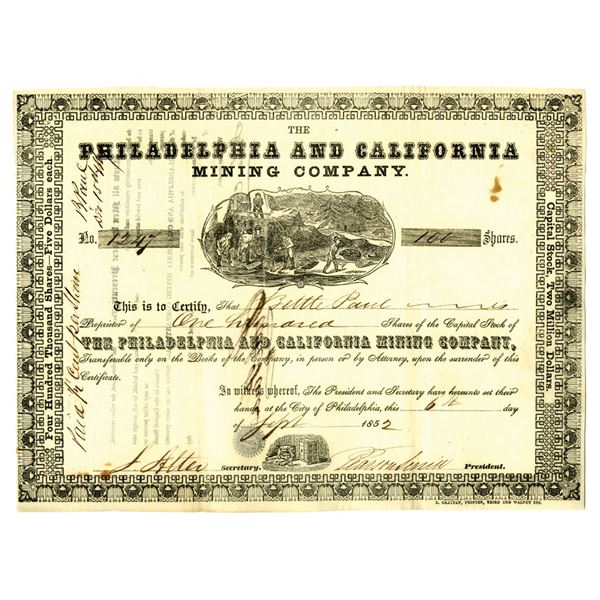 PA. Philadelphia and California Mining Co., 1852, I/U Stock Certificate.