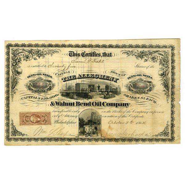 PA. Allegheny & Walnut Bend Oil Co., 1864, I/U Stock Certificate.