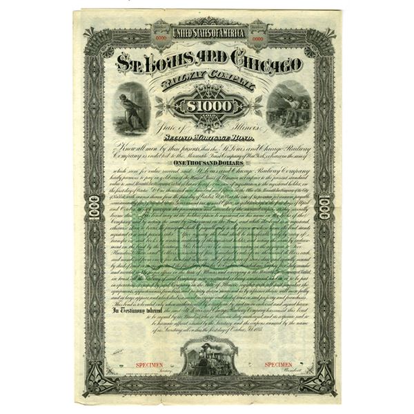 IL. St. Louis and Chicago Railway Co., 1885 Specimen 2nd Mortgage Gold Coupon Bond.
