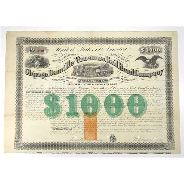 IL. & IN. Chicago, Danville and Vincennes Railroad Co., 1872 I/C Bond, I.R. RN-W2 $1 Revenue on bott