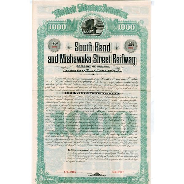 South Bend & Mishawaka Street Railway Co., 1885, $1000 Specimen Bond Rarity