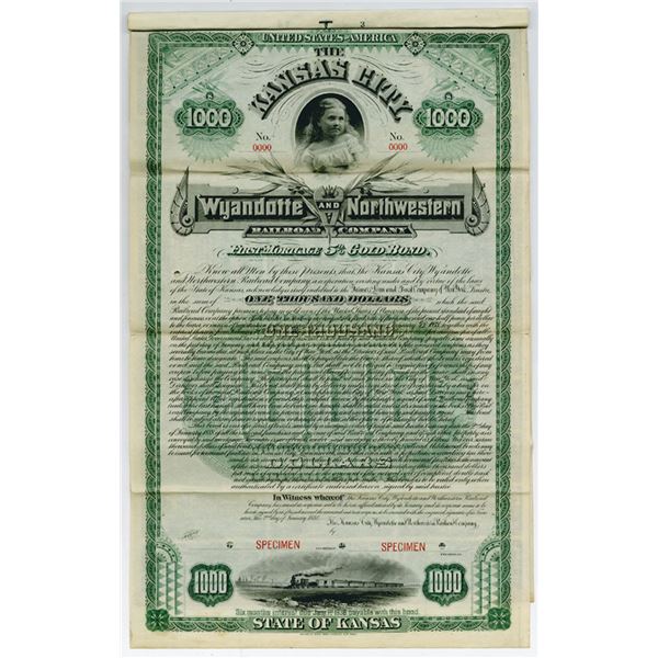 KS. Kansas City, Wyandotte and Northwestern Railroad Co. 1888 $1000 Specimen Gold Coupon Bond