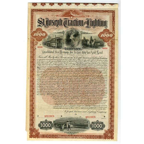 MO. St. Joseph Traction and Lighting Co., 1893, Specimen Gold Coupon Bond