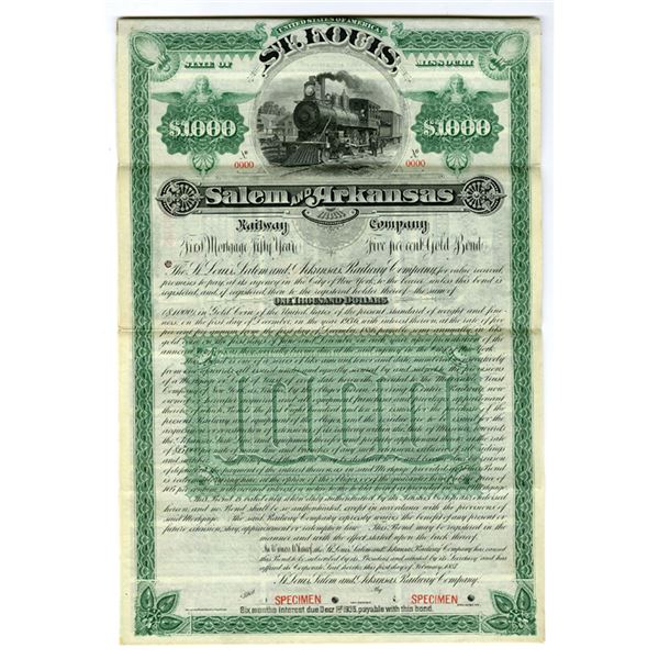 MO. St. Louis, Salem and Arkansas Railway Co., 1887, Specimen Gold Coupon Bond
