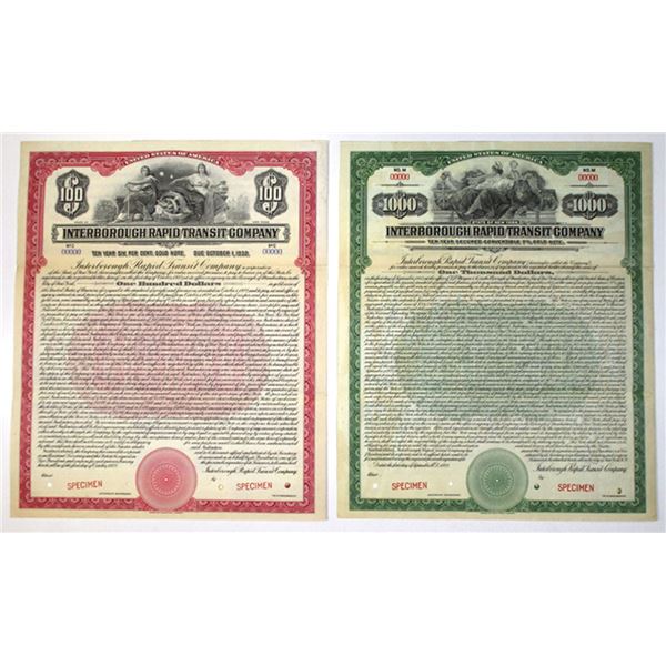 NY. Interborough Rapid Transit Co., 1922, Specimen Gold Coupon Bond Pair.