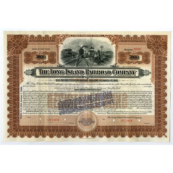 NY. Long Island Railroad Co. 1903 Specimen Bond Reissued in 1934 with Gold Clause Included.