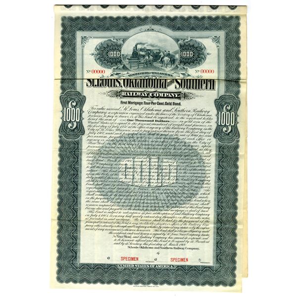Oklahoma Territory. St. Louis, Oklahoma and Southern Railway Co., 1900, Specimen Coupon Bond