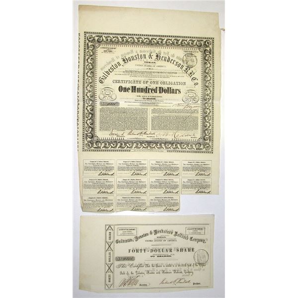 TX. Galveston, Houston & Henderson Rail Road Co., 1857. I/U Bond with Attached $40 Bearer Share Cert