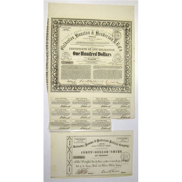 TX. Galveston, Houston & Henderson Rail Road Co., 1857. I/U Bond with Attached $40 Bearer Share Cert