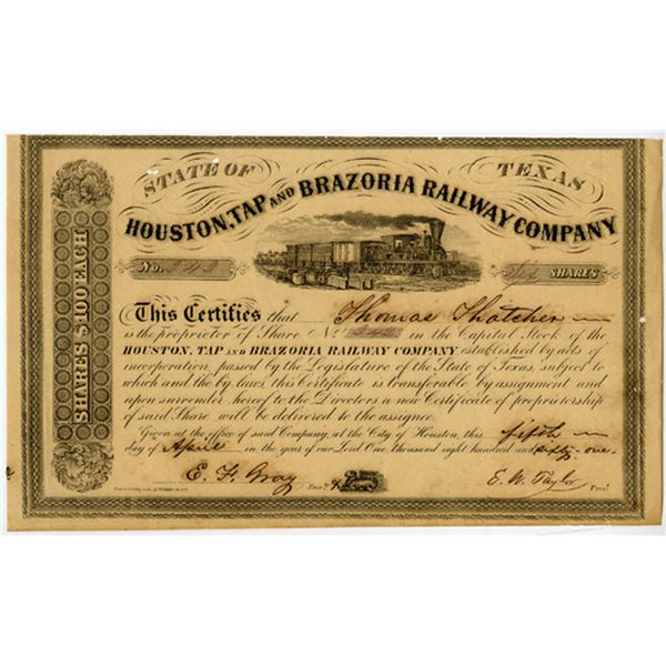 TX. Houston, Tap and Brazoria Railway Co. 1861 I/U Stock Certificate Issued 1 month After Texas Sece