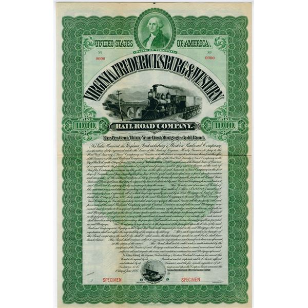 VA. Virginia, Fredericksburg & Western Railroad Co., 1895 Specimen Bond