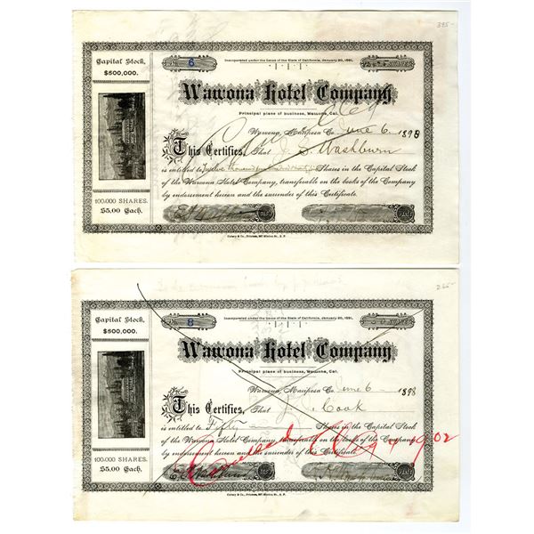 CA. Wawona Hotel Co., 1898, I/C Stock Certificate Pair.