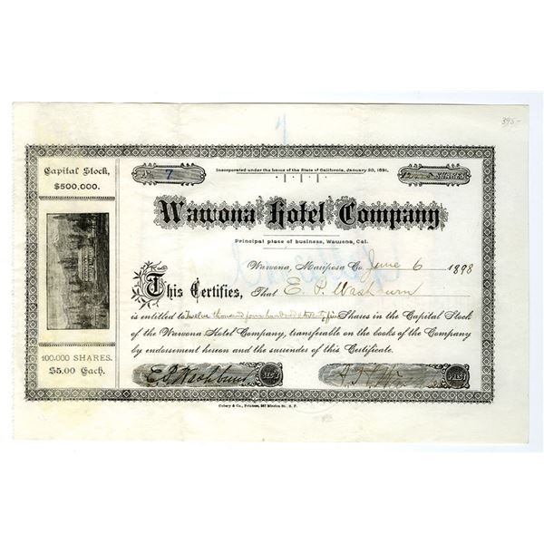 CA. Wawona Hotel Co., 1898, Issued Stock Certificate.
