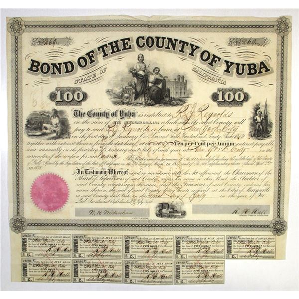 CA. Bond of the County of Yuba, 1858, I/C $100, 10% Coupon Bond.