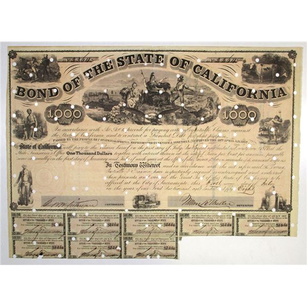CA. Bond of the State of California, 1858, I/C $1000, 7% Coupon Bond signed by Governor John B. Well