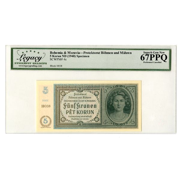 Bohemia & Moravia. Protectorate of Bohemia & Moravia, ND (1940), "Top Pop" Specimen Banknote.