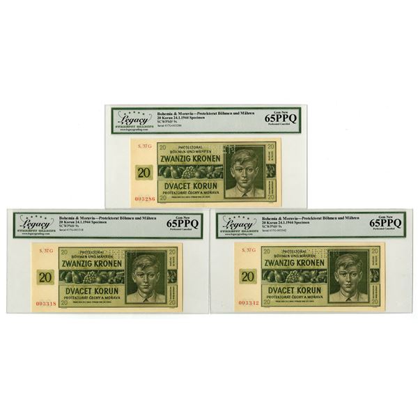 Bohemia & Moravia. Protectorate of Bohemia & Moravia, 1944, Specimen Banknote Trio.
