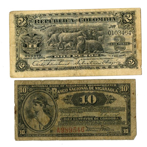 Colombia & Nicaragua. Republica de Colombia and Banco Nacional de Nicaragua, 1904 & 1912, Issued Ban