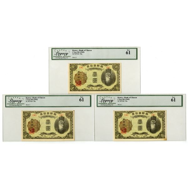 Korea. Bank of Chosen, ND (1945), Issued Banknote Trio.