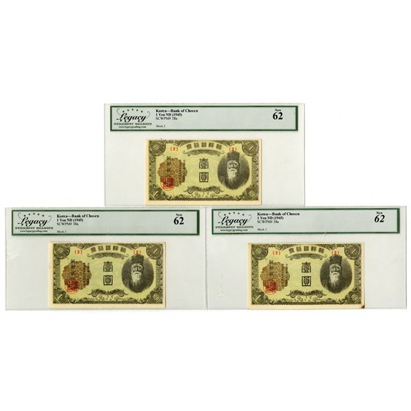 Korea. Bank of Chosen, ND (1945), Issued Banknote Trio.