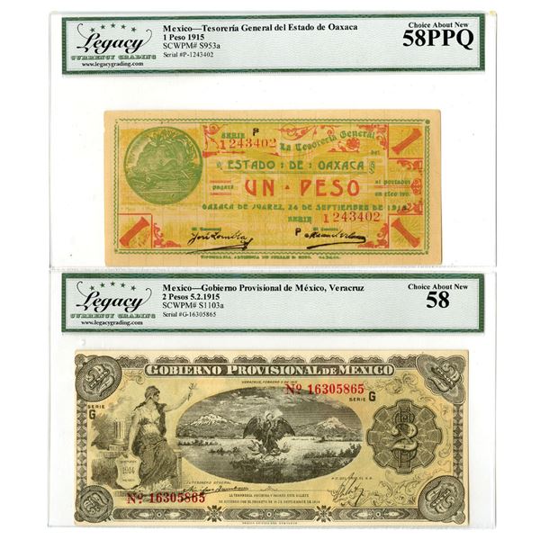Mexico. Tesoreria General Estado de Oaxaca and Gobierno Provisional de Mexico, 1915, Issued Banknote