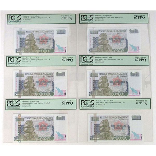 Zimbabwe. Reserve Bank of Zimbabwe, 2003, Issued Group of 6 Banknotes.