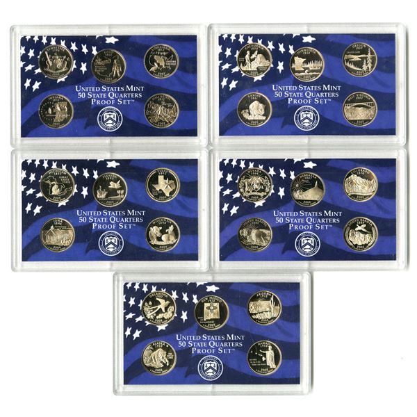 U.S. Mint, 50 State Quarters Proof Sets from 2002; 2004; 2005; 2006; and, 2008, 5 Proof Sets.