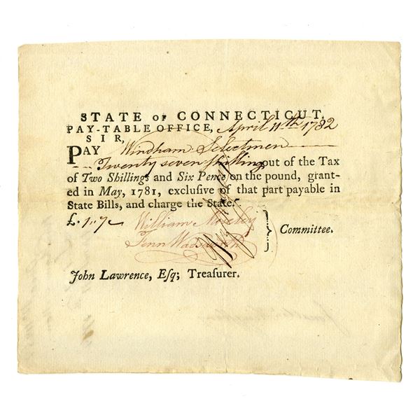 CT. State of Connecticut, Pay-Table Office, 1782, Tax Warrant.