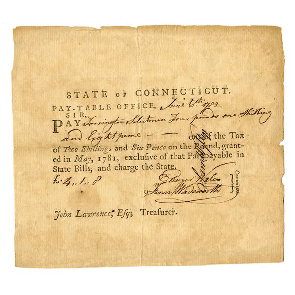 CT. State of Connecticut, Pay-Table Office, 1782, Tax Warrant.