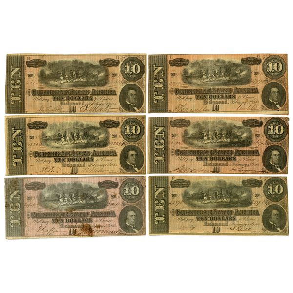 VA. Confederate States of America, $10, T-68, February 17, 1864, Group of 6 Issued Banknotes.
