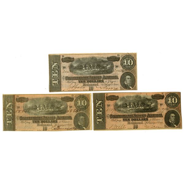 VA. Confederate States of America, $10, T-68, February 17, 1864, Issued Banknote Trio.