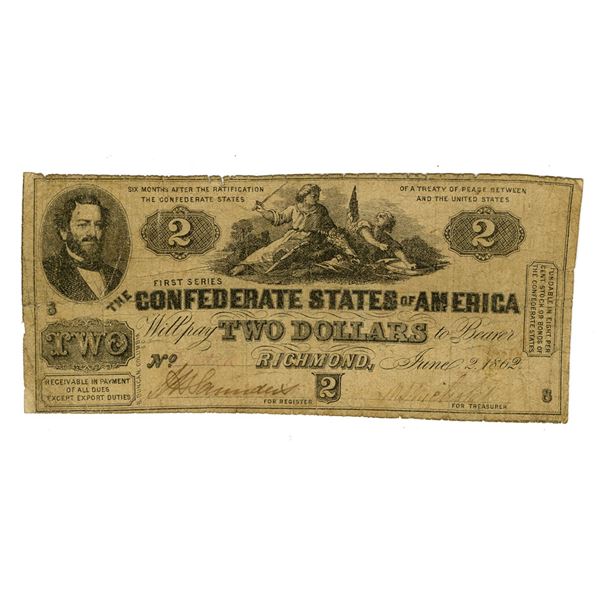 VA. Confederate States of America, 1862, T-42, Issued Banknote.