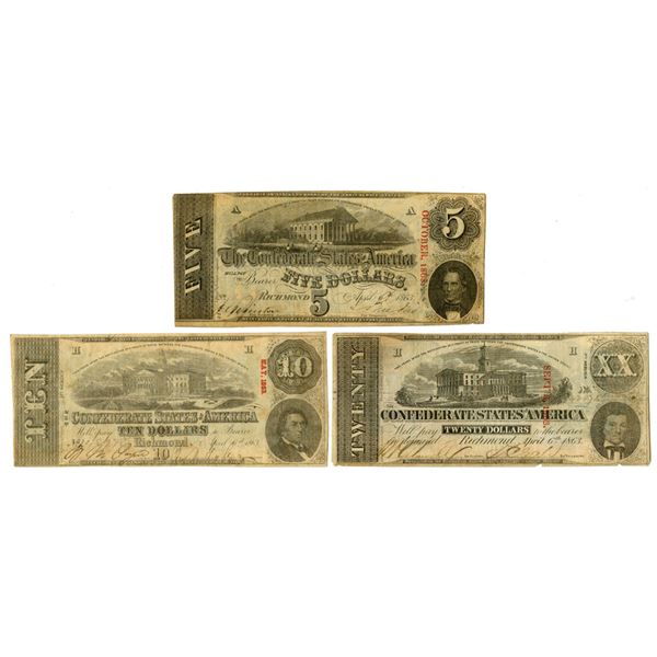 VA. Confederate States of America, 1863, Issued Banknote Trio.