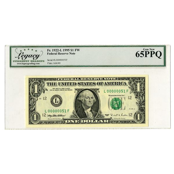 CA. Federal Reserve Note, $1, Fr.#1922-L, Series 1995, With Low Serial # L00000051F.