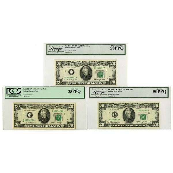 U.S. Federal Reserve Notes, $20, Series 1963A and Series 1981, Issued Star Note Trio.