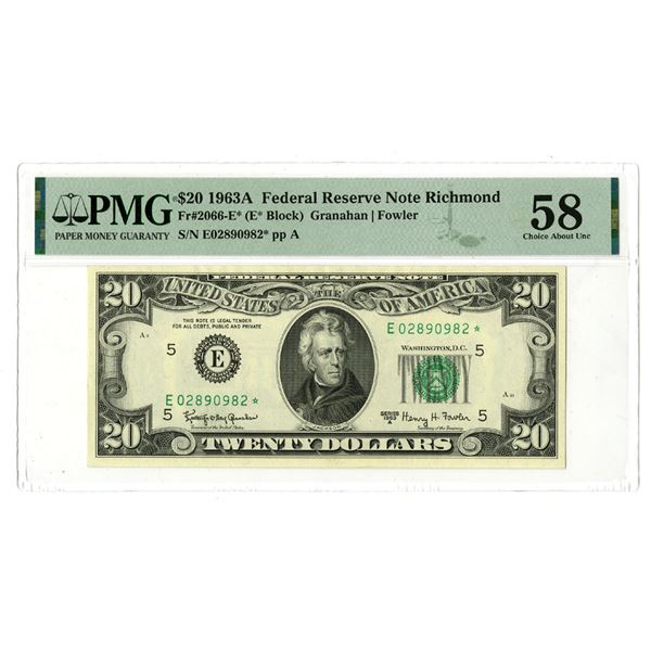 VA. U.S. Federal Reserve Note, $20, Series of 1963A, Fr.# 2066-E*, Issued Star Note.