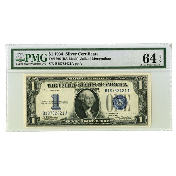 U.S. Silver Certificates, $1, Series of 1934, Fr.# 1606, Issued Banknote.