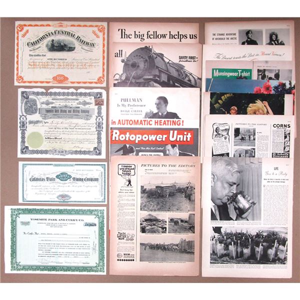 Railroad & Mining Stock Certificates, Vintage Advertisements, and Related Ephemera, ca.1880s to 1962