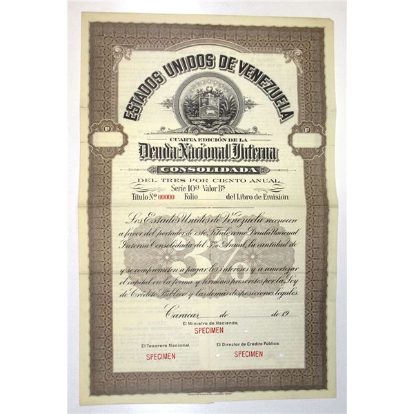 Venezuela. Estados Unidos de Venezuela, ND (1915), Specimen Coupon Bond.