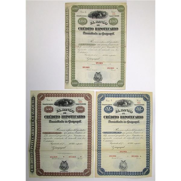 Ecuador. Banco de Credito Hipotecario, ND (1880 to 1920s), Specimen Coupon Bond Trio.