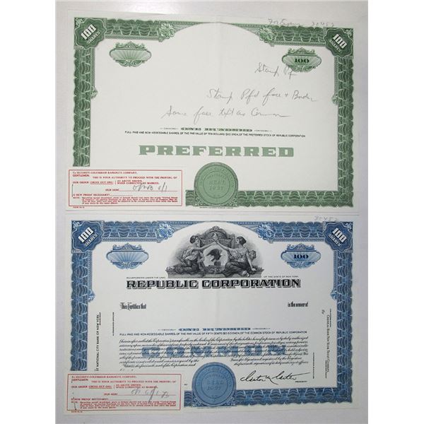 NY. Republic Corp., ND (1930-1940s), Progress Proof Stock Certificate Pair.