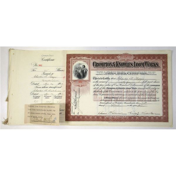 MA. Crompton & Knowles Loom Works, 1913 to 1916, Assortment of I/C and Unissued Stock Certificates